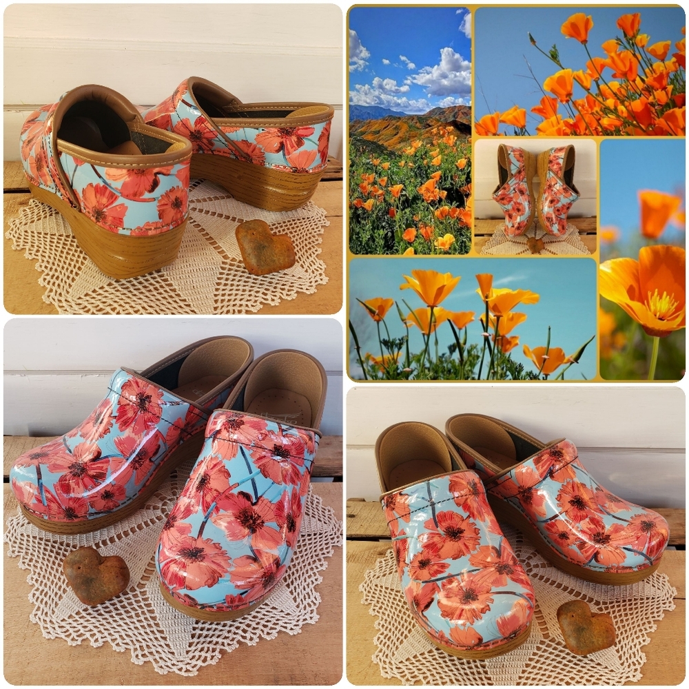NEW*Poppies Dansko Pro Honey Clog Floral Blue Orange Patent Leather Cottage Boho - Picture 3 of 11